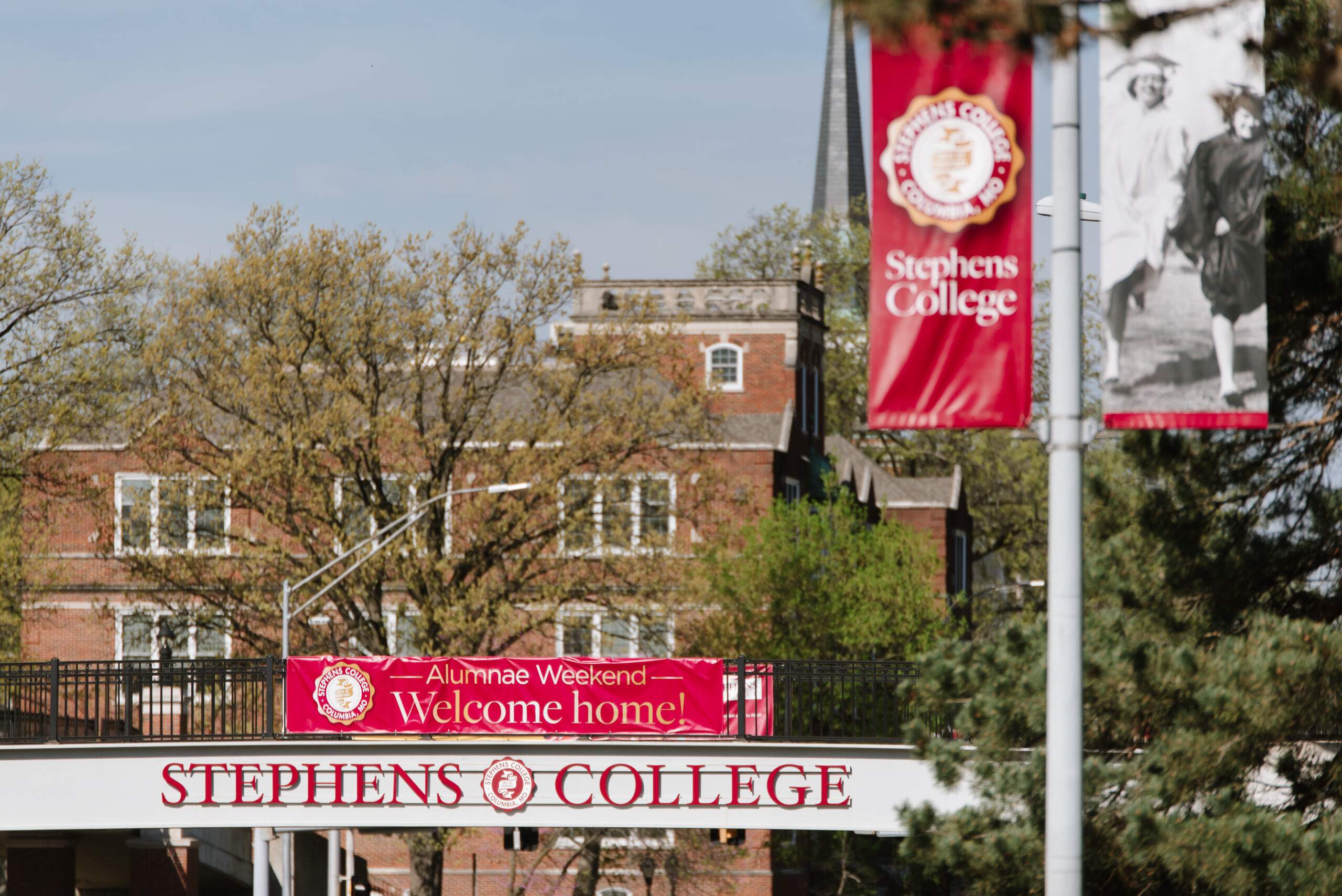 Stephens College Bridge Banner over Broadway and Street Banner