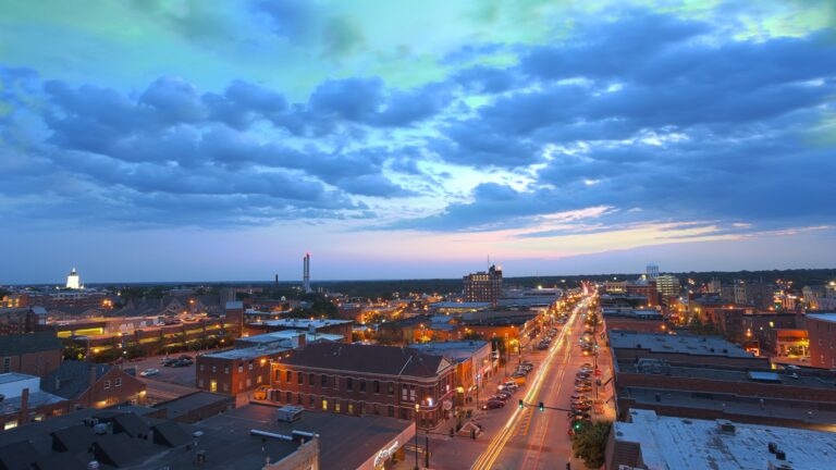 Aerial photo of downtown Columbia taken at night.