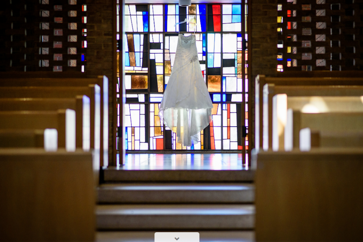 Firestone Baars Chapel stained glass with a wedding dress