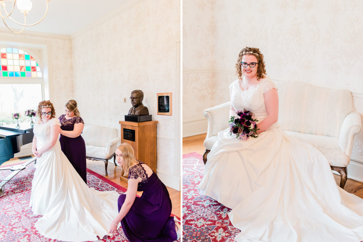 Bride gets ready in the front parlor at Senior Hall