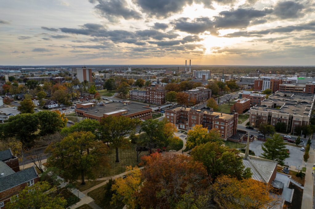Aerial view of Stephens College campus in the fall
