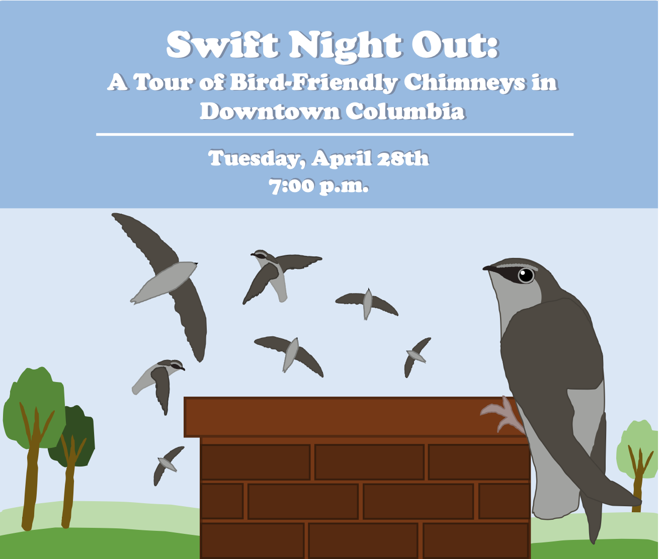 Swift Night Out text with a picture of birds on a chimney.