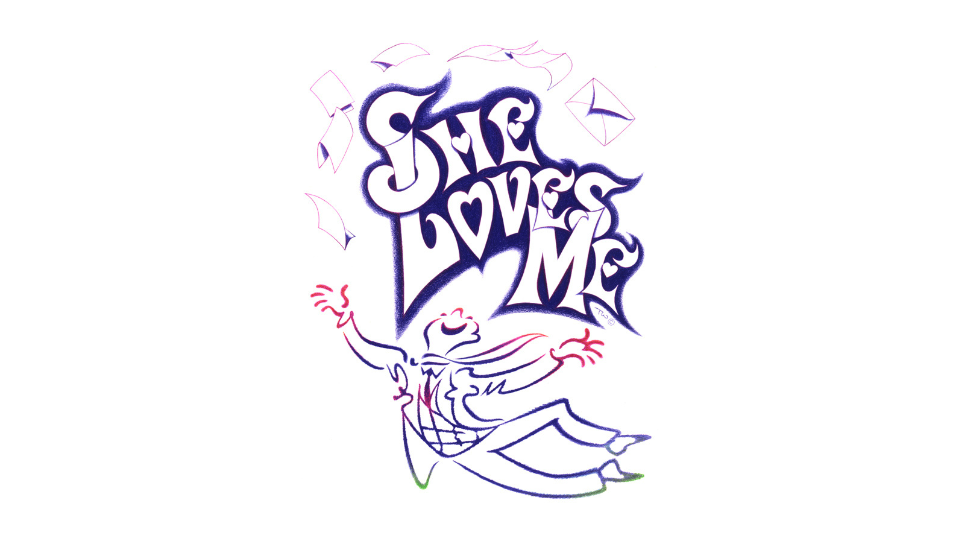 A graphic of a man smiling with the groovy text displaying "She loves me"