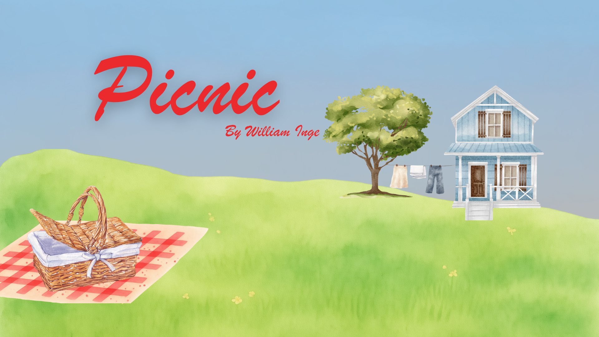 A house in the background next to a tree behind a valley with the focus on a picnic basket.